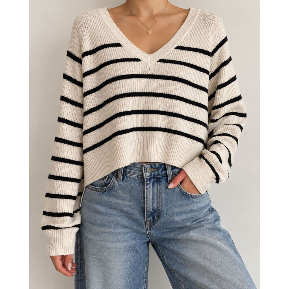 Cream Black Striped Oversized V Neck Sweater